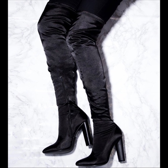 black satin thigh high boots